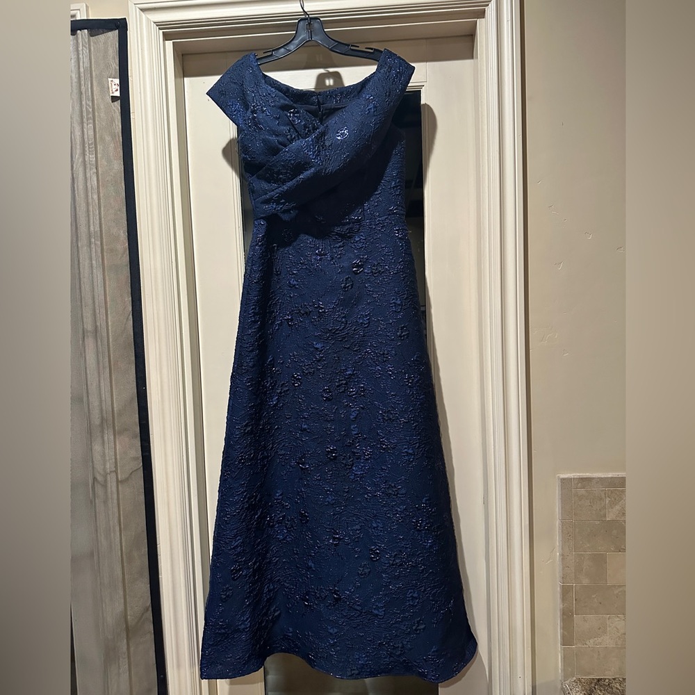 Rickie Freeman for Teri Jon Blue Off-The-Shoulder Gown